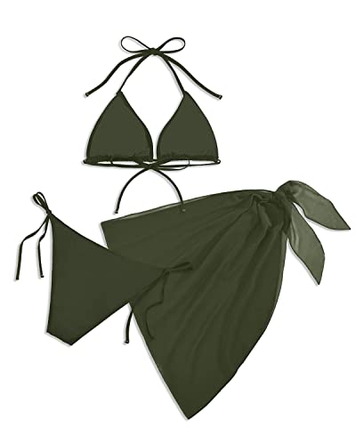 Flirty Tie-Side Bikini Set Mesh Beach Skirt Cover Up-Army Green