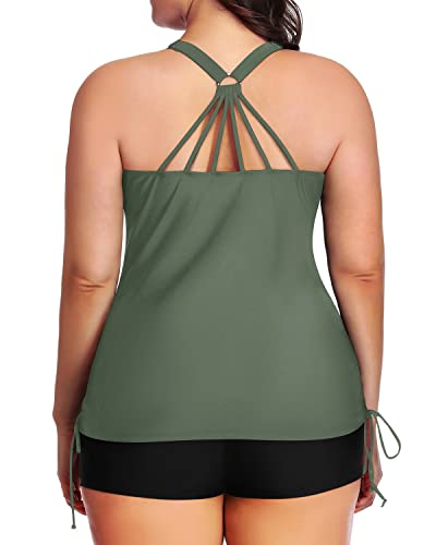 Slimming Tankini Set High Waisted Boyshorts Two Piece Ruched Swimsuit-Olive Green