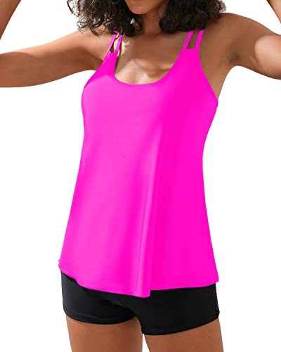 Tummy Control Swimwear Tankini Top & Boy Shorts Juniors Bathing Suit-Hot Pink