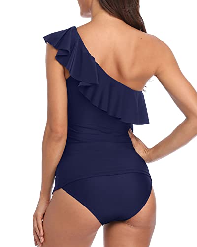 Asymmetric One Shoulder Neckline Swimsuits For Women-Navy Blue