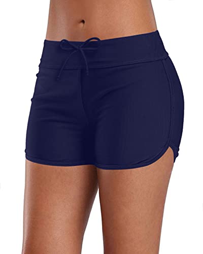 Adjustable Drawstring Swim Bottoms Board Shorts Swim Shorts-Navy Blue