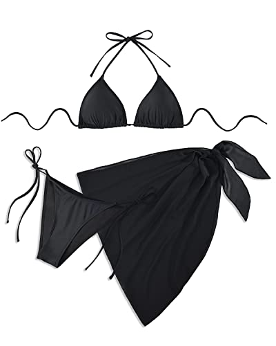 Tie Side Bikini Bathing Suit Beach Skirt Chic 3-Piece Bikini Set-Black