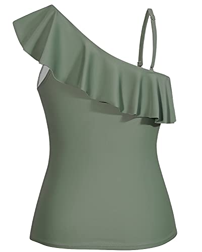 Ladies Long Torso One Shoulder Strapless Womens Swimsuit Tops-Olive Green