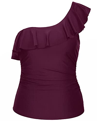 Long Torso Friendly One Shoulder Tankini Tops Front Ruching For Women-Maroon