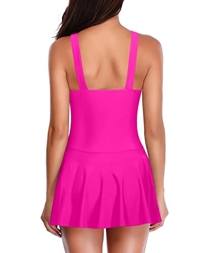 Vintage One Piece Swimdress Bathing Suits For Women Built-In Bottom-Neon Pink