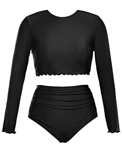 High Neck Long Sleeve Rash Guard For Women-Black