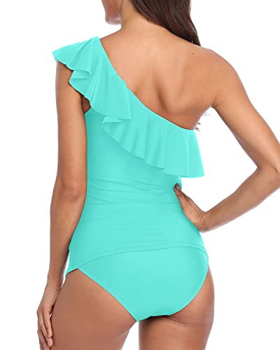 Two Piece Women's One Shoulder Tankini Tummy Control Bathing Suits-Aqua