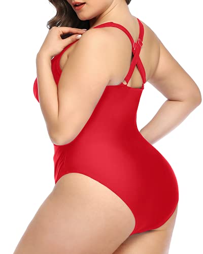 Push Up Padded Bra Plus Size Deep V Neck One Piece Swimsuit-Red