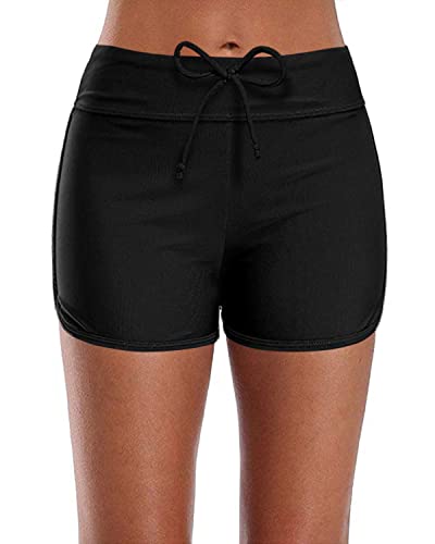 Womens Drawstring Swimsuit Bottoms Board Shorts Swim Shorts-Black