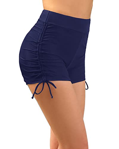 Ruched Bathing Suit Shorts Tummy Control Swim Shorts For Women Swimwear-Navy Blue