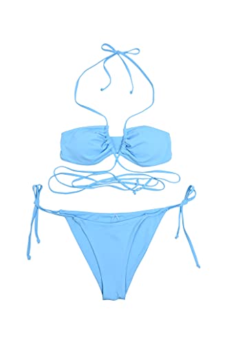 Criss-Cross Front Bikini Strappy Swimsuits For Women-Light Blue