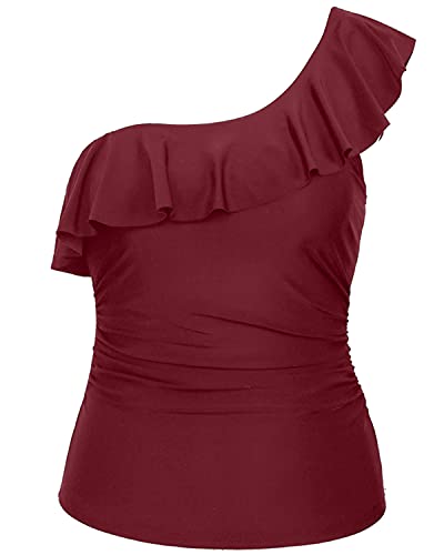 Off Shoulder Swim Top Ruffle Flounce Ruched Tummy Control Swimsuit Tops-Maroon