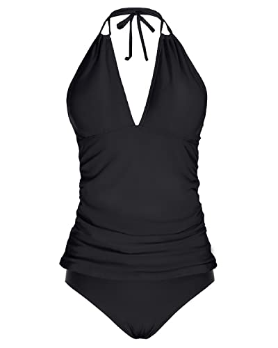 Women's V Neck Tankini & Bikini Bottom Tummy Control Swimwear-Black