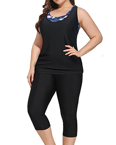 3 Piece Plus Size Swimsuits For Women Sports Bra & Swim Capris-Black Flamingo