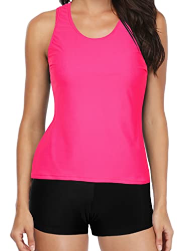 Stylish Tankini Bathing Suit Built-In Bra-Neon Pink