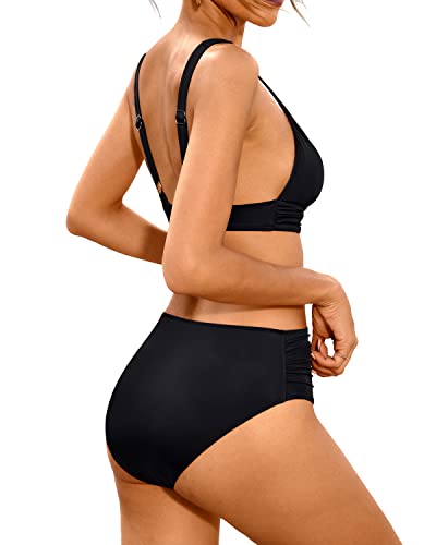 Women V Neck High Waisted Bikini Tummy Control Two Piece Bikini Set-Black