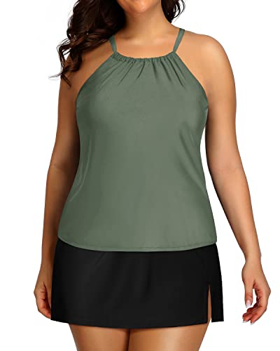 Plus Size Tankini Skirt Tummy Control High Neck Swimsuits-Olive Green