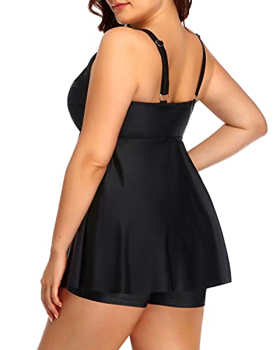 Two Piece Flowy Bathing Suits Shorts Tummy Control Swimwear-Black