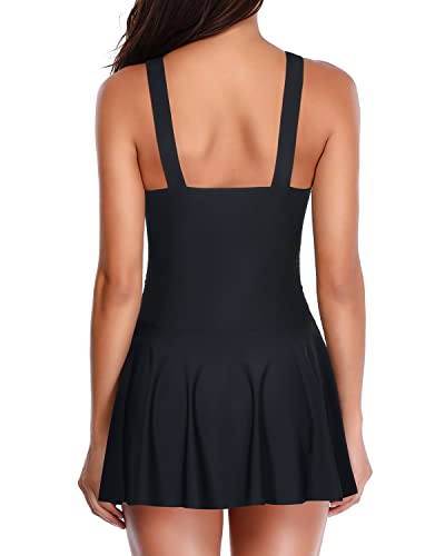 Flowy Swim Dress One Piece Swimsuit Ruched Detailing And Skirt-Black Floral