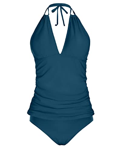 Halter Tankini Swimsuits Adjustable Straps And Tummy Control-Teal