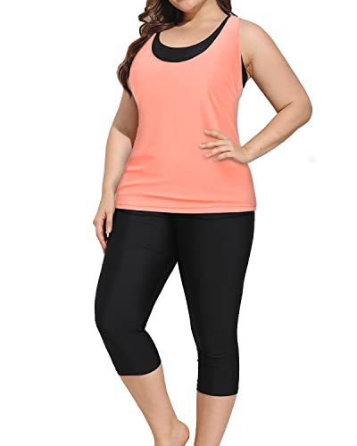 Plus Size Swimsuits For Women Tankini Tops Sports Bra & Swim Capris-Coral Pink