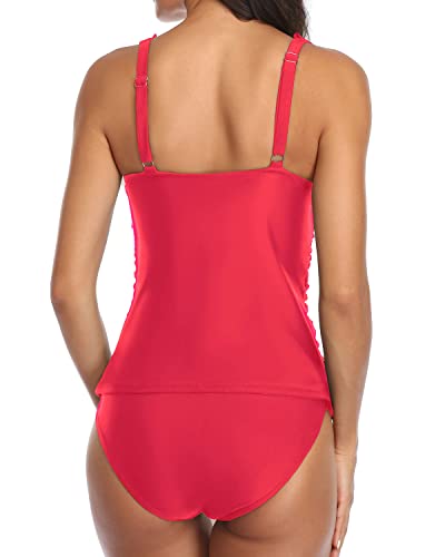 2 Piece Falbala Ruffle Flounce Tankini Swimsuits Deep V Neck Swimwear-Red