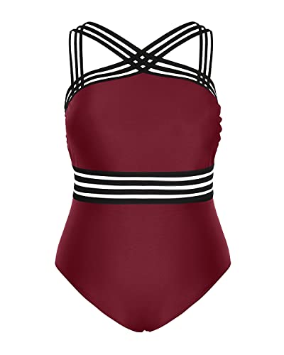 Slimming Tummy Control One Piece Swimsuit For Plus Size Women-Maroon