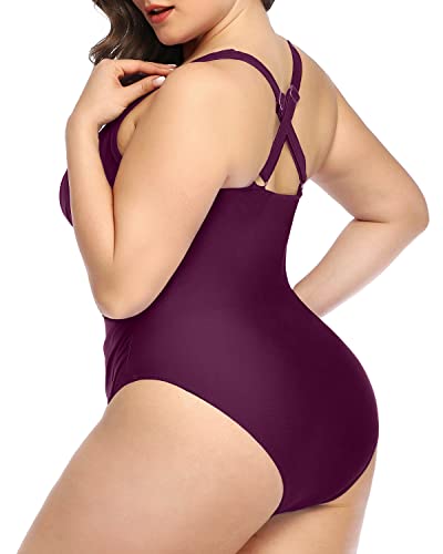 Deep V Neck Lace Up Plus Size Slimming One Piece Swimsuit-Maroon