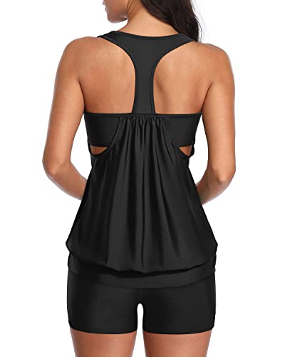 Modest Coverage Layered Design Athletic Two Piece Swimsuits For Women-Black