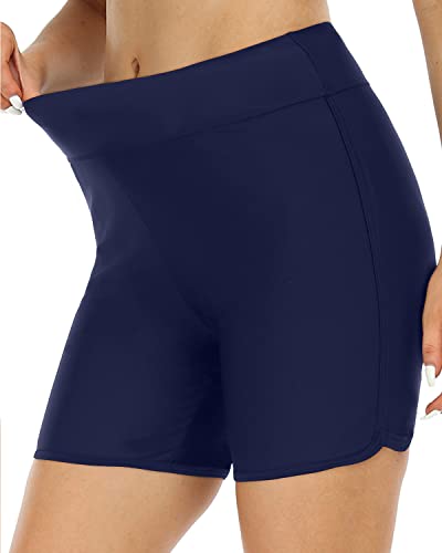 High Waisted Swim Bottoms For Women Tummy Control Boyshorts-Navy Blue