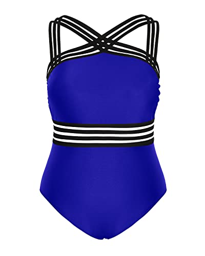 Front Crossover Mesh One Piece Swimsuit For Plus Size Women-Royal Blue