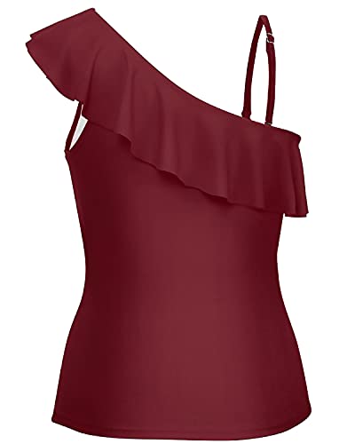 Off Shoulder Swim Top Ruffle Flounce Ruched Tummy Control Swimsuit Tops-Maroon