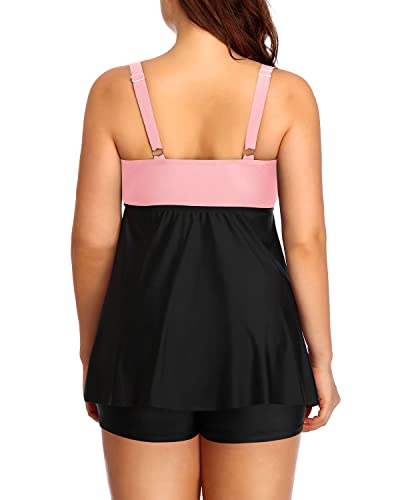 V Neckline Slimming Flare Silhouette Tankini Swimsuits For Women-Pink And Black