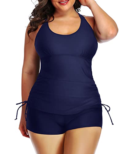 Athletic 2 Piece Swimwear Tummy Control Two Piece Ruched Swimsuit-Navy Blue