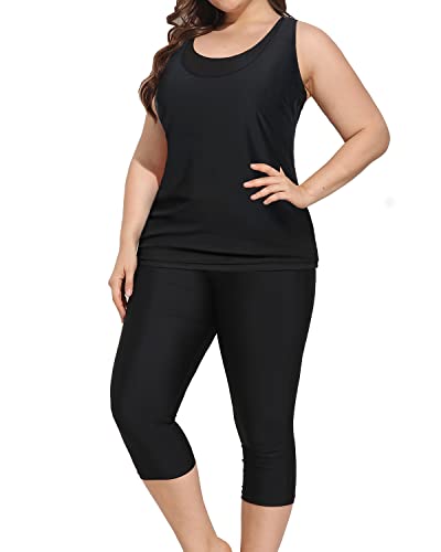 Athletic Plus Size Swimsuits For Women Tankini Tops & Swim Capris-Black