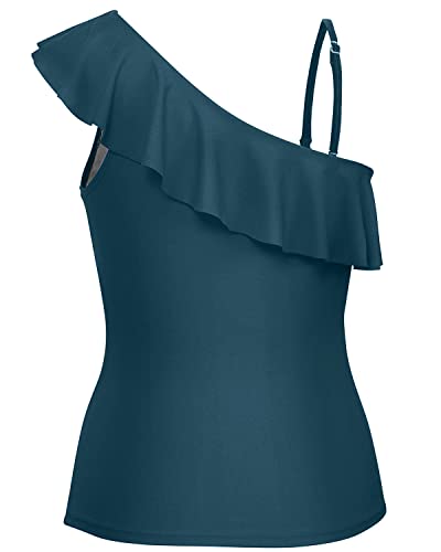 Flattering Padded One Shoulder Tankini Top For Women-Teal
