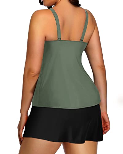 Plus Size Tankini Skirt Tummy Control High Neck Swimsuits-Olive Green
