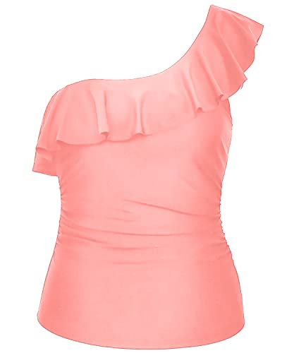 One Shoulder Ruffle Swim Tops For Long Torso Women - No Bottoms-Coral Pink
