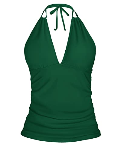 Front Shirred Double Straps Halter Top Swimsuits For Women-Emerald Green