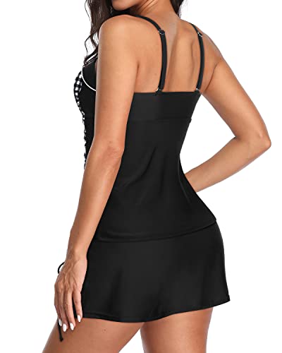 Ladies Fashionable Retro Bathing Suit Skirted Bottoms And Push Up Bra-Black Plaid