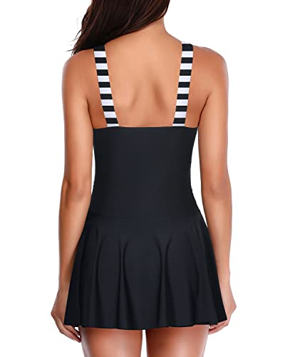 Modest Control Swimdress Flowy Long Swimsuit Skirt-Black And White Stripe