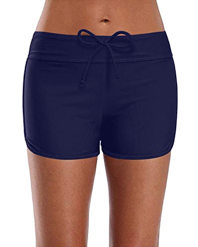 Adjustable Drawstring Swim Bottoms Board Shorts Swim Shorts-Navy Blue