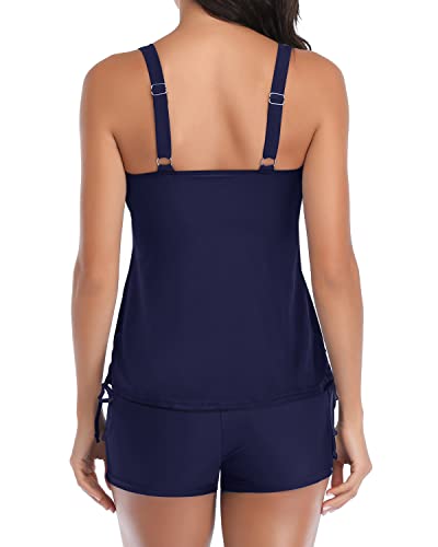 Slimming Two Piece Tankini Swimsuits Shorts For Women-Navy Blue