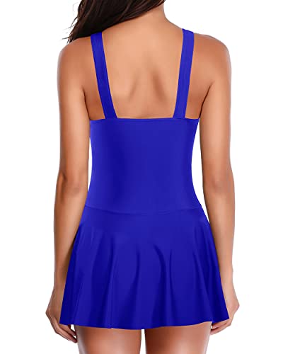 Stylish Ruched One Piece Swimdress Swimsuit Dress For Women-Royal Blue