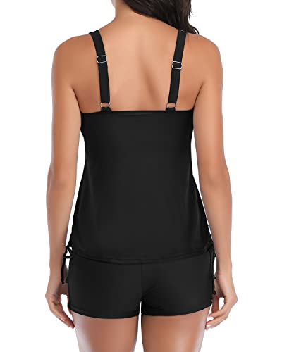 Women's Adjustable Shoulder Straps Two Piece Tankini Swimsuits-Black