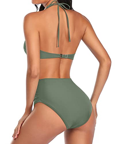 Sexy Twist Front Bikini Halter Top & Tummy Control Swimsuits Two Piece-Olive Green