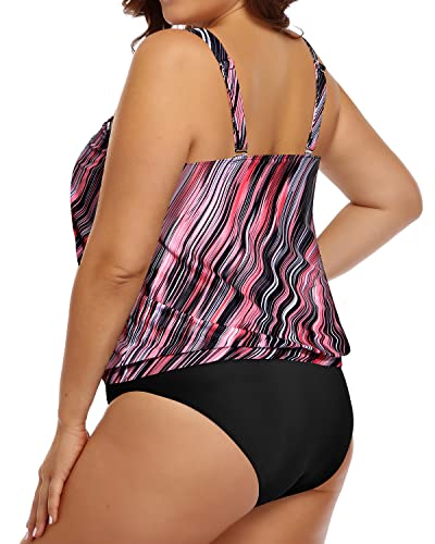 Plus Size Two Piece Blouson Tankini Swimsuit For Women-Pink Stripe