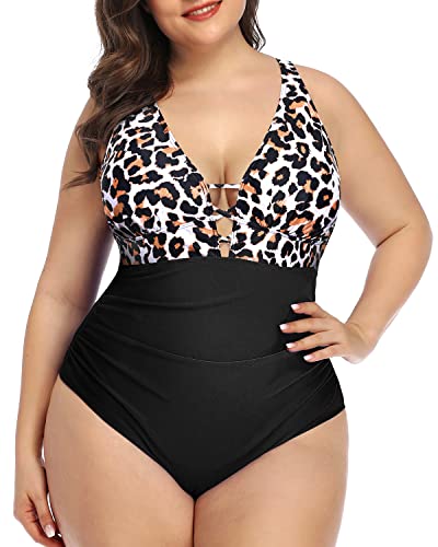 Lace Up Plunge V Neck Plus Size Ruched One Piece Swimsuit-Black And Leopard