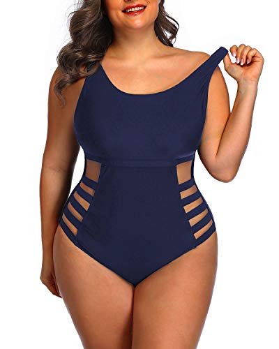 Cutout Monokini Swimsuit Plus Size Side Cutout Sexy Swimwear-Navy Blue