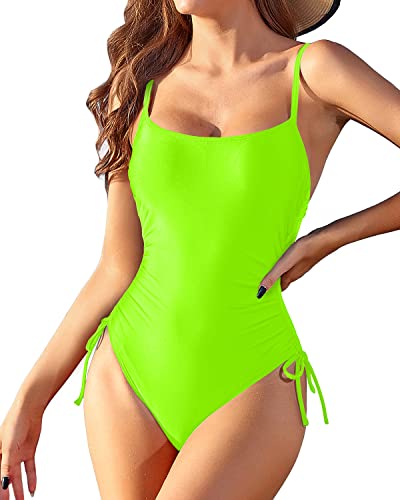 Adjustable Spaghetti Straps One Piece Swimsuit Tummy Control Bathing Suit-Neon Green